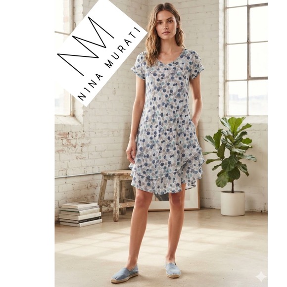 Nina Murati Dresses & Skirts - Nina Murati Blue Grey Polka Dot Cotton Gauze Tiered Dress Made in Italy Size M